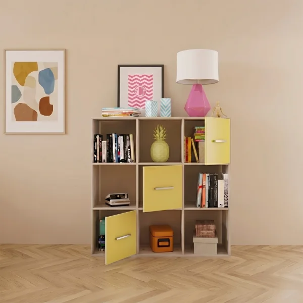 Comò libreria 122x122h cm con cassetti e vani a vista bianco frassinato giallo Bra