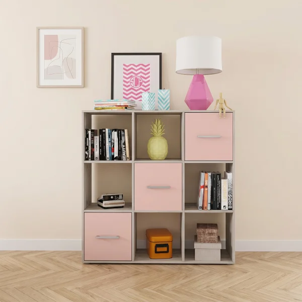 Comò libreria 122x122h cm con cassetti e vani a vista bianco frassinato rosa Bra