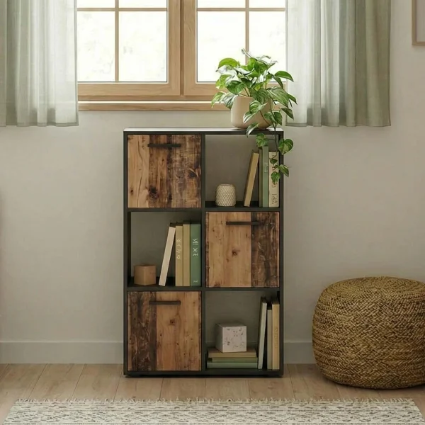 Comò libreria 80x106h cm 3 cassetti e 3 ripiani grafite rovere rustico Fada