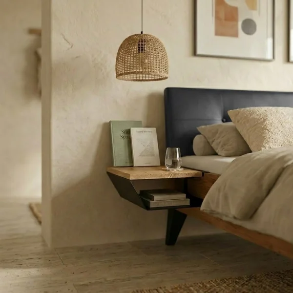 Comodino 33x15h cm sospeso ad incastro legno massello metallo rovere nero Cortelia