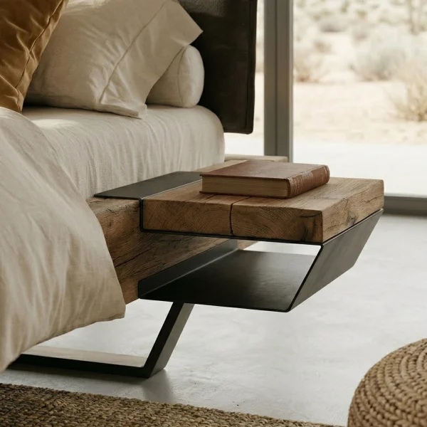 Comodino 39x15h cm sospeso ad incastro legno massello metallo rovere nero Venalia