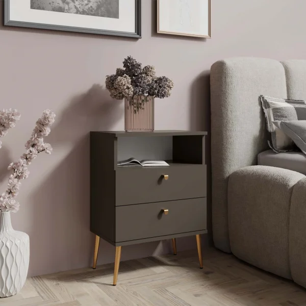 Comodino 50x70h cm 2 cassetti 1 vano a vista antracite Florinda