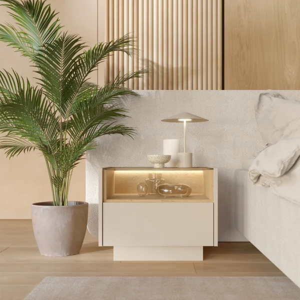 Comodino 53x43h cm con led 1 cassetto 1 ripiano a vista camera da letto beige rovere Cream