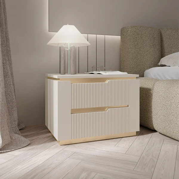 Comodino 56x42h cm 2 cassetti cannettato beige cashmere oro Gatsby