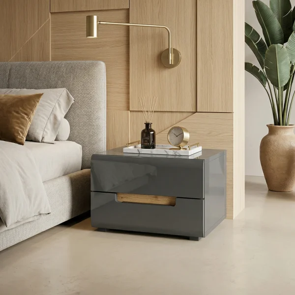Comodino moderno 52x35h 2 cassetti antracite lucido rovere Dubai Gihome®
