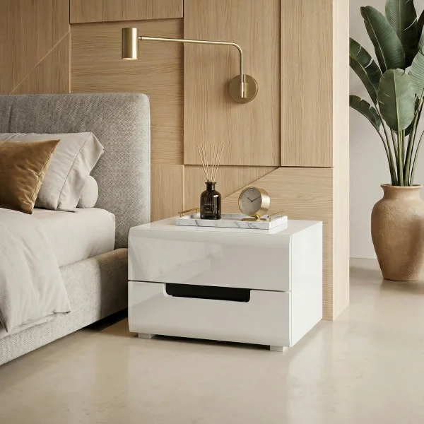 Comodino moderno 52x35h cm 2 cassetti bianco lucido Dubai Gihome®