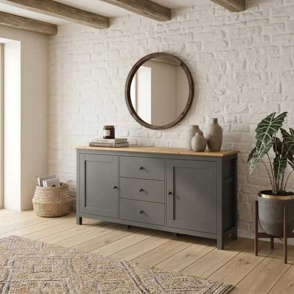 Credenza 186x96h cm scandinava 2 ante 3 cassetti grigio grafite rovere Holga