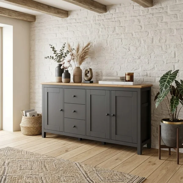 Credenza 199x96h cm scandinava 3 ante 3 cassetti grigio grafite rovere Holga