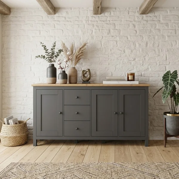 Credenza 199x96h cm scandinava 3 ante 3 cassetti grigio grafite rovere Holga