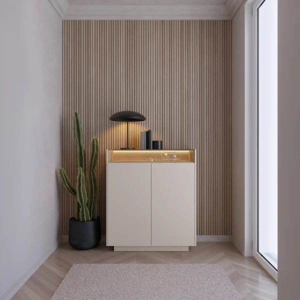 Credenza alta 103x119h cm con led 2 ante 1 ripiano a vista soggiorno beige rovere Cream