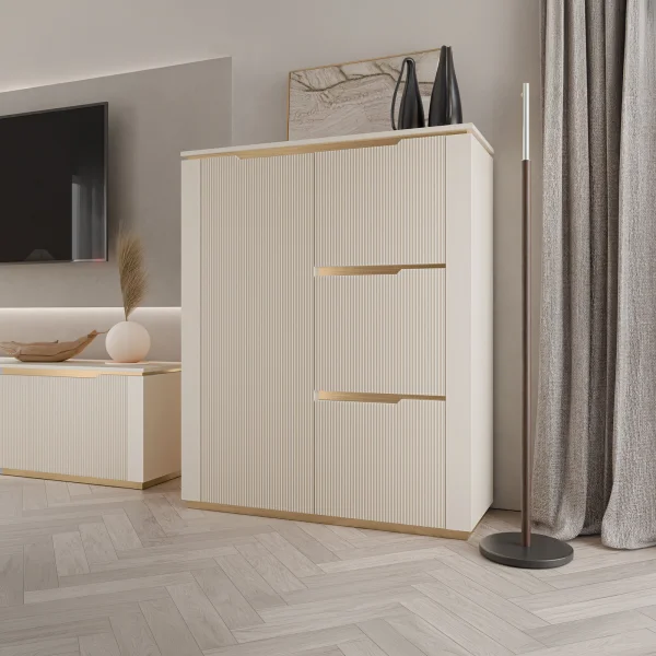 Credenza alta 106x131h cm 4 ante cannettato beige cashmere oro Gatsby