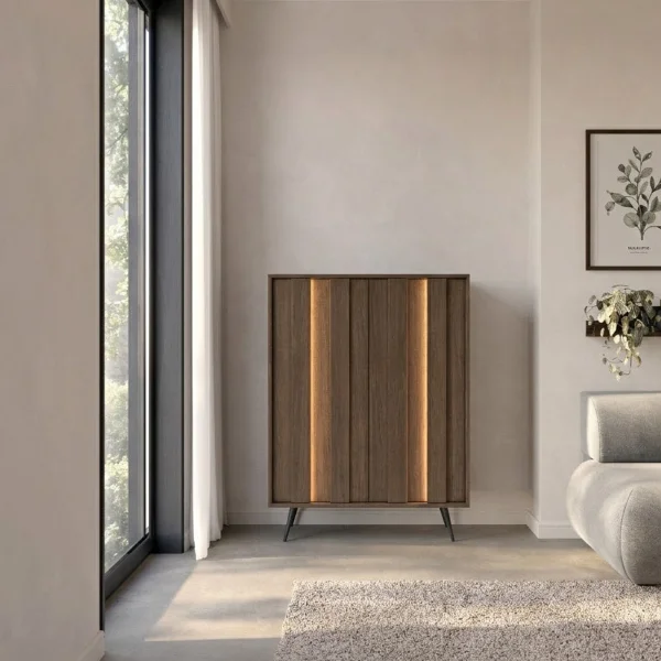 Credenza alta 94x126h cm con led 2 ante soggiorno noce Bois