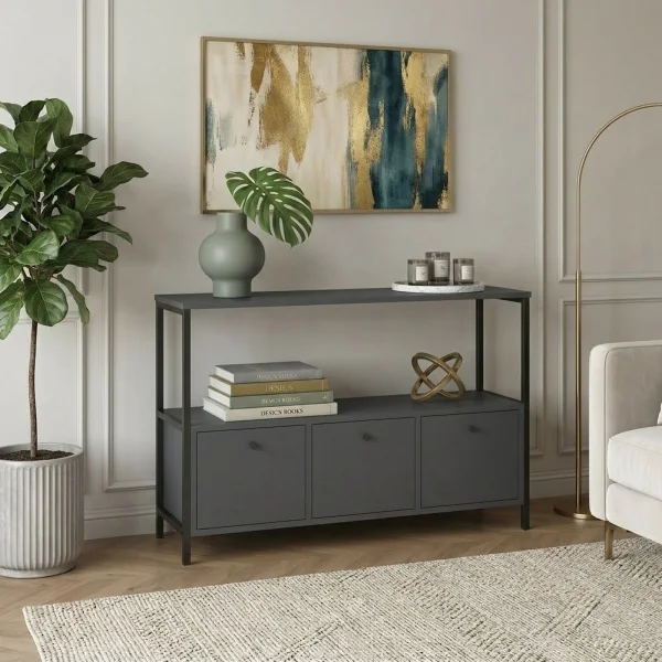 Credenza moderna 122x80h cm 2 ripiani 3 cassetti industrial metallo antracite Loft