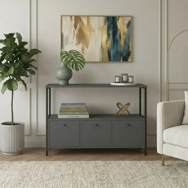Credenza moderna 122x80h cm 2 ripiani 3 cassetti industrial metallo antracite Loft