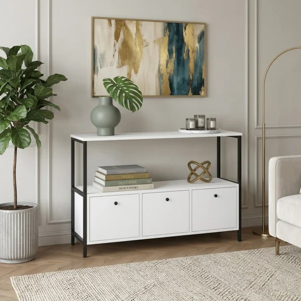 Credenza moderna 122x80h cm 2 ripiani 3 cassetti industrial metallo bianco Loft