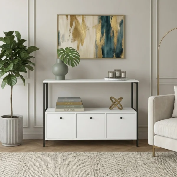 Credenza moderna 122x80h cm 2 ripiani 3 cassetti industrial metallo bianco Loft