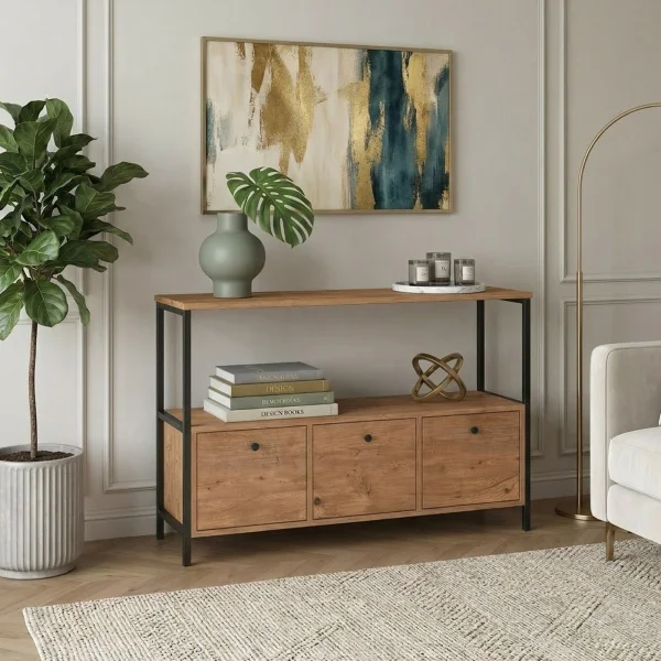 Credenza moderna 122x80h cm 2 ripiani 3 cassetti industrial metallo rovere rustico Loft