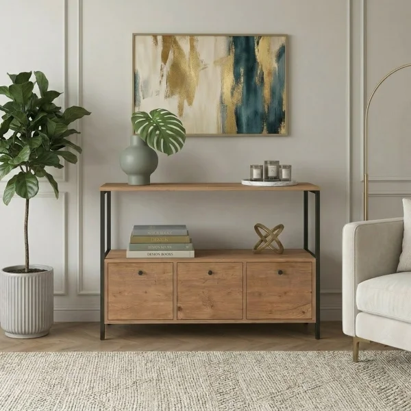 Credenza moderna 122x80h cm 2 ripiani 3 cassetti industrial metallo rovere rustico Loft
