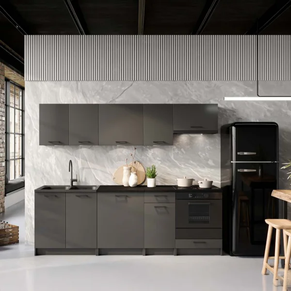 Cucina lineare 240cm completa componibile moderna con vano forno antracite Dalia