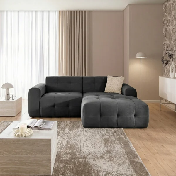 Divano angolare destro 234x161cm tessuto vellutato antracite Horizon