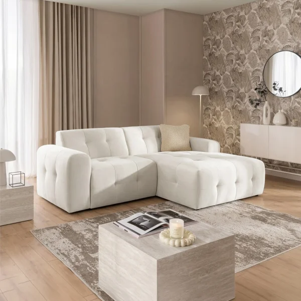 Divano angolare destro 234x161cm tessuto vellutato bianco Horizon
