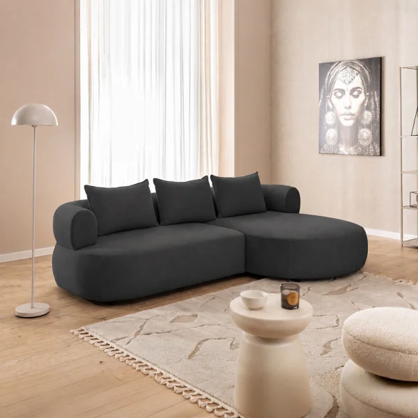 Divano angolare destro 256x156cm tessuto vellutato antracite Abbraccio