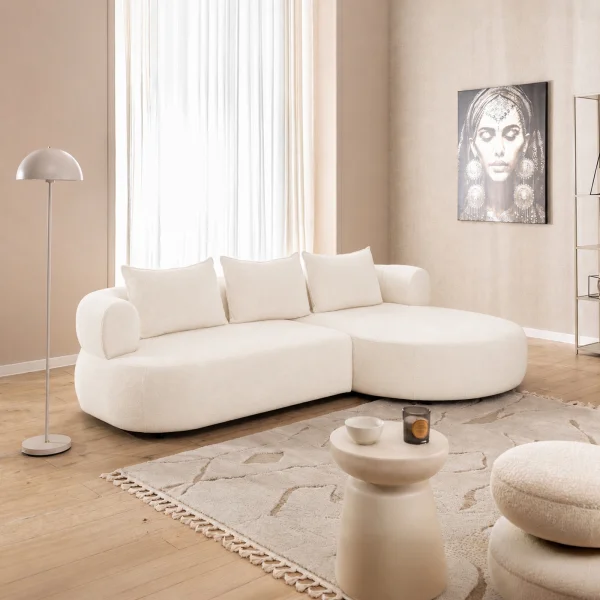 Divano angolare destro 256x156cm tessuto vellutato bianco Abbraccio