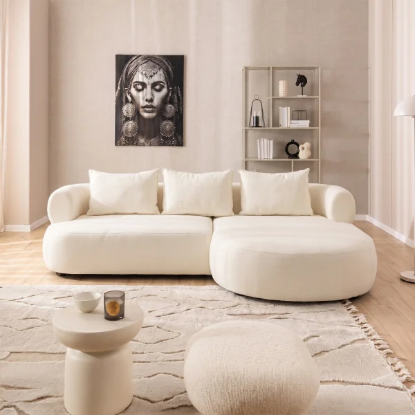 Divano angolare destro 256x156cm tessuto vellutato bianco Abbraccio