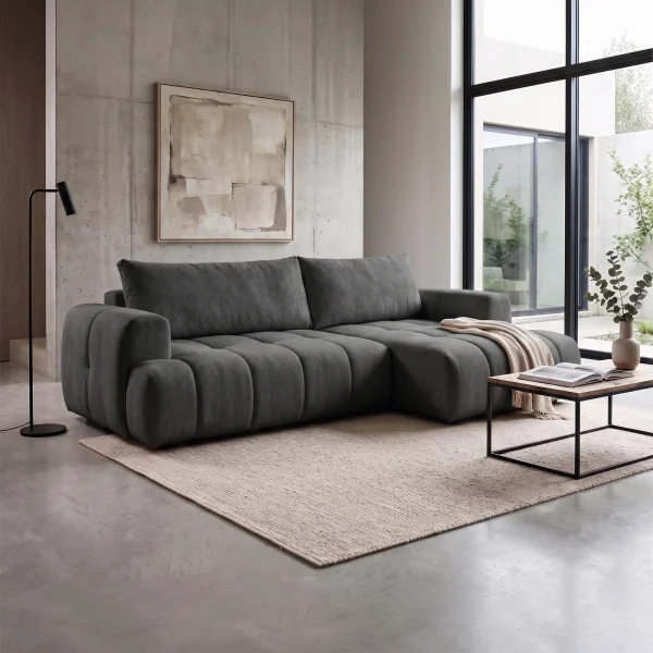 Divano letto angolare destro 265x149cm contenitore tessuto antracite Harmony