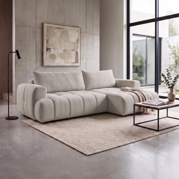 Divano letto angolare destro 265x149cm contenitore tessuto beige Harmony