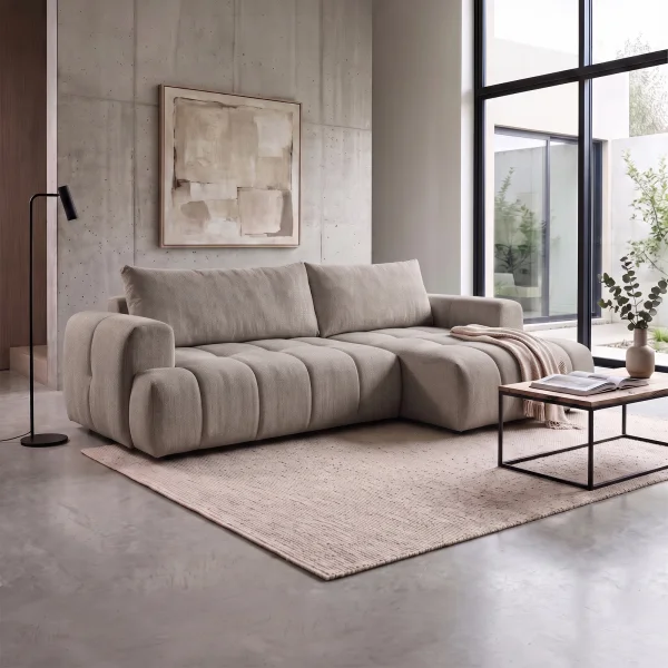 Divano letto angolare destro 265x149cm contenitore tessuto tortora Harmony