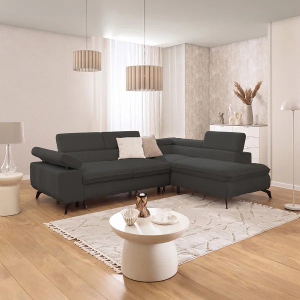 Divano letto angolare destro 275x210cm contenitore tessuto antracite Smarty