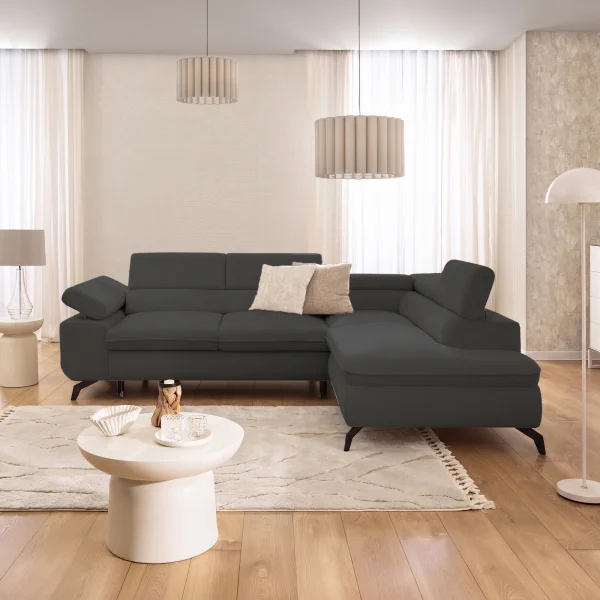 Divano letto angolare destro 275x210cm contenitore tessuto antracite Smarty