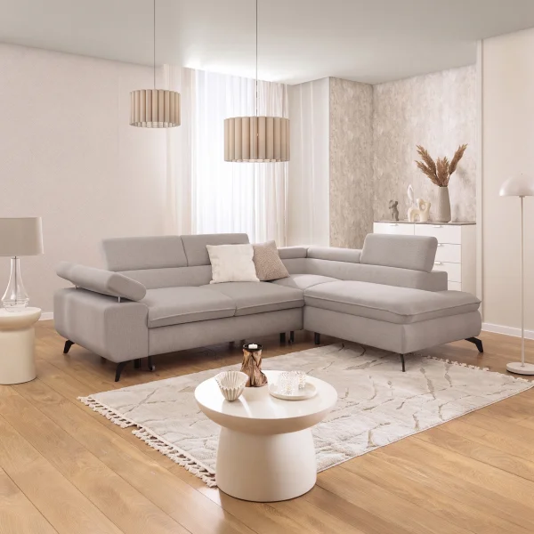 Divano letto angolare destro 275x210cm contenitore tessuto beige Smarty