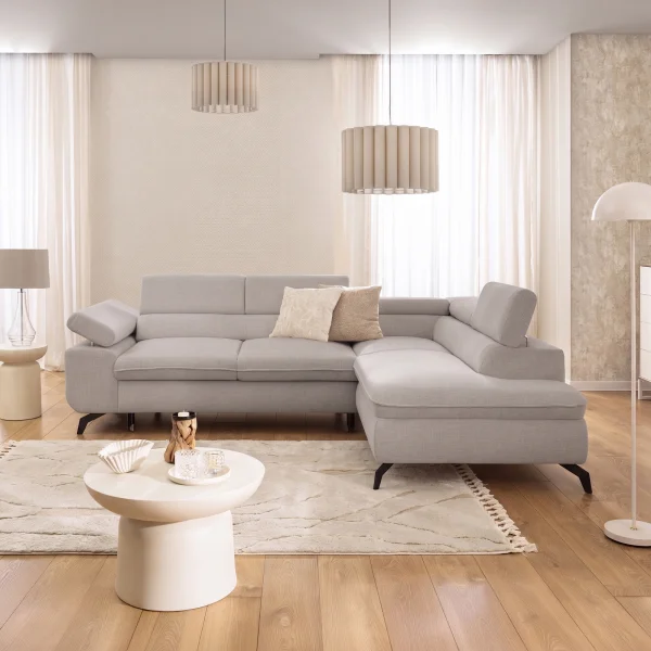 Divano letto angolare destro 275x210cm contenitore tessuto beige Smarty
