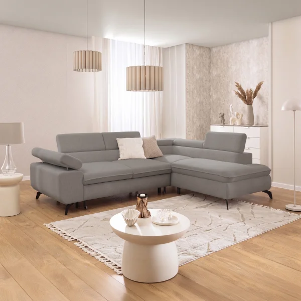 Divano letto angolare destro 275x210cm contenitore tessuto grigio chiaro Smarty