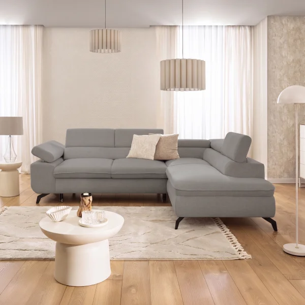 Divano letto angolare destro 275x210cm contenitore tessuto grigio chiaro Smarty