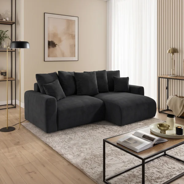 Divano letto angolare reversibile 239x140cm contenitore tessuto vellutato antracite Night