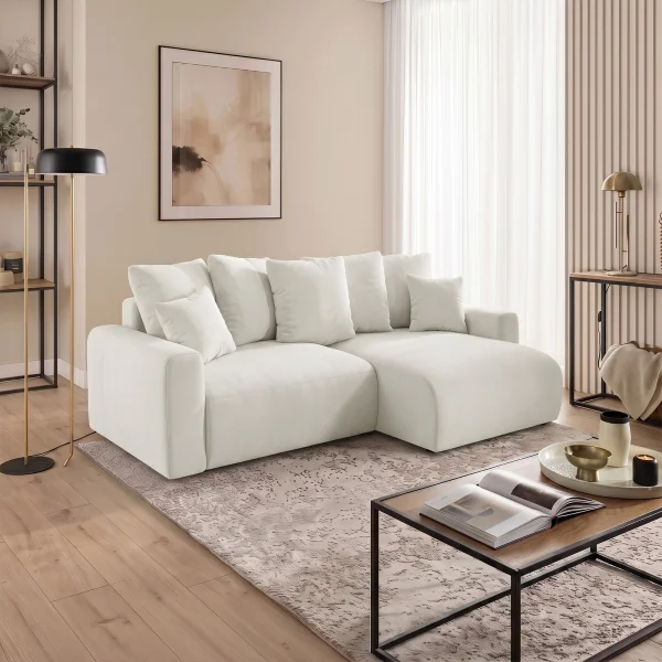 Divano letto angolare reversibile 239x140cm contenitore tessuto vellutato bianco Night