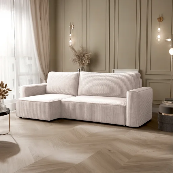Divano letto angolare reversibile 243x142cm velluto a coste beige Ofelia
