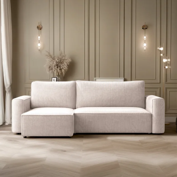 Divano letto angolare reversibile 243x142cm velluto a coste beige Ofelia
