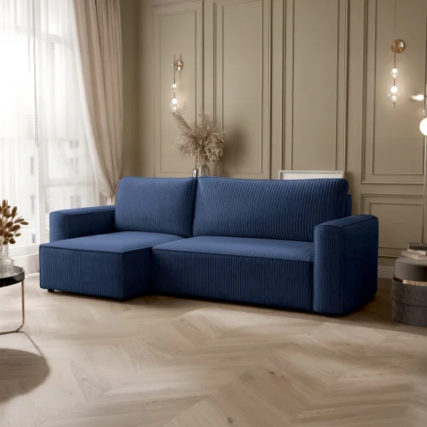 Divano letto angolare reversibile 243x142cm velluto a coste blu Ofelia