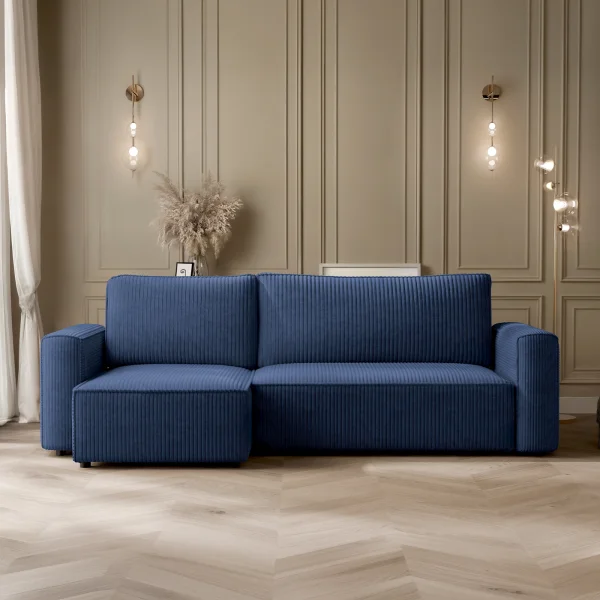 Divano letto angolare reversibile 243x142cm velluto a coste blu Ofelia