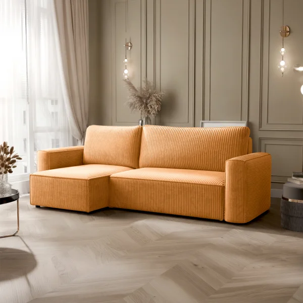 Divano letto angolare reversibile 243x142cm velluto a coste giallo senape Ofelia