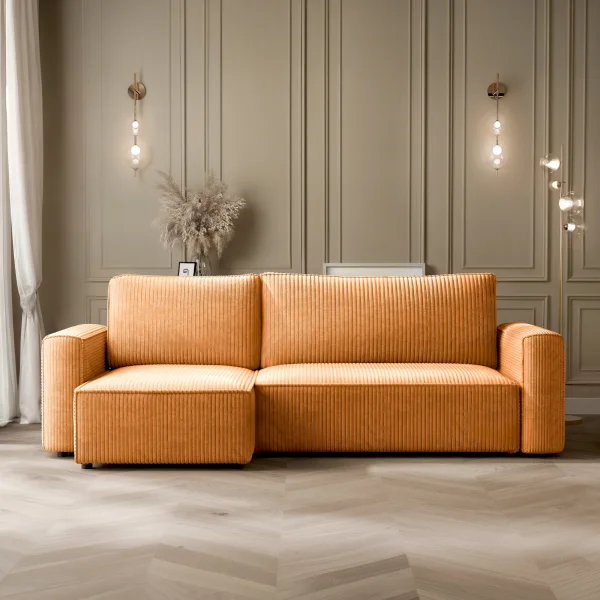 Divano letto angolare reversibile 243x142cm velluto a coste giallo senape Ofelia