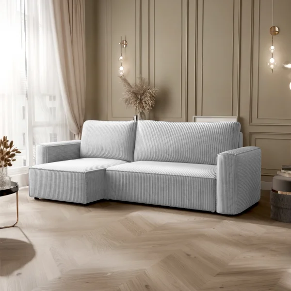 Divano letto angolare reversibile 243x142cm velluto a coste grigio chiaro Ofelia