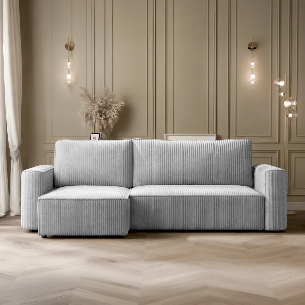 Divano letto angolare reversibile 243x142cm velluto a coste grigio chiaro Ofelia