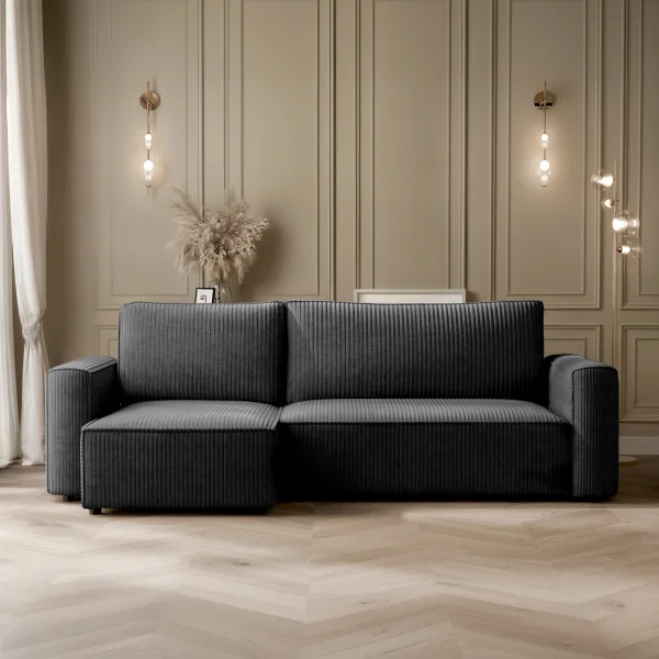 Divano letto angolare reversibile 243x142cm velluto a coste nero Ofelia