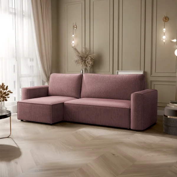 Divano letto angolare reversibile 243x142cm velluto a coste rosa antico Ofelia