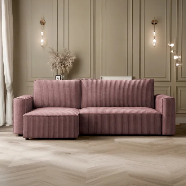 Divano letto angolare reversibile 243x142cm velluto a coste rosa antico Ofelia